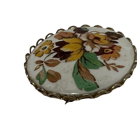 Vintage Flower Brooch Pearl Brown Green Silver Tone Frame - Picture 3 of 5